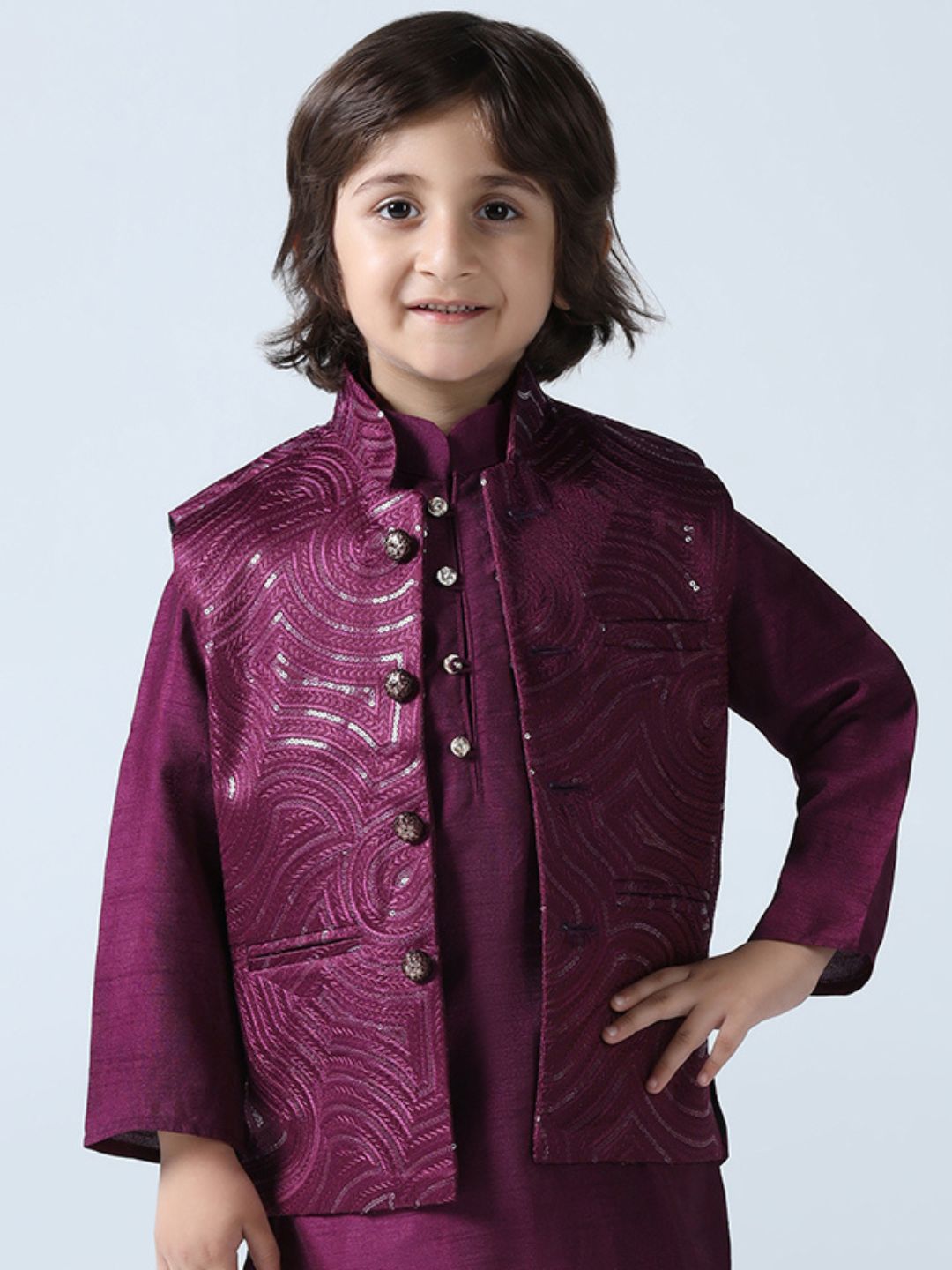 Boys Wine Embroidered Nehru Jacket
