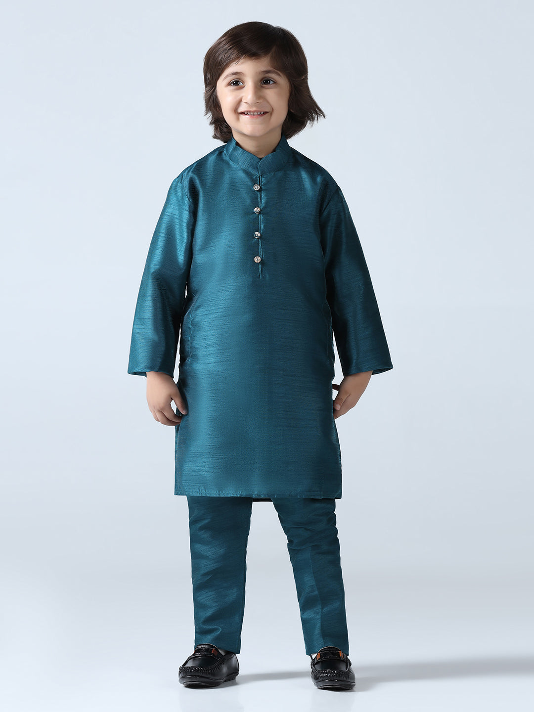 Boys Turquoish Dupion Silk Straight Kurta With Trousers