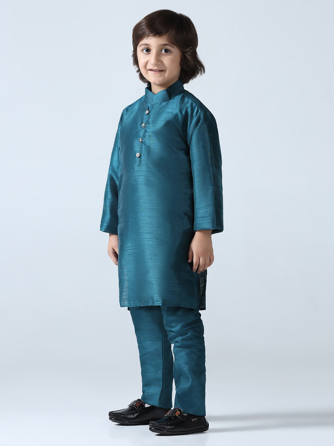 Boys Turquoish Dupion Silk Straight Kurta With Trousers