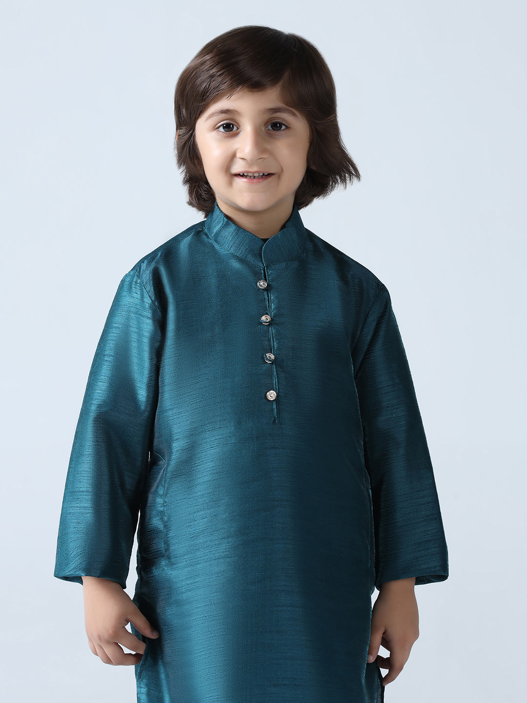 Boys Turquoish Dupion Silk Straight Kurta With Trousers