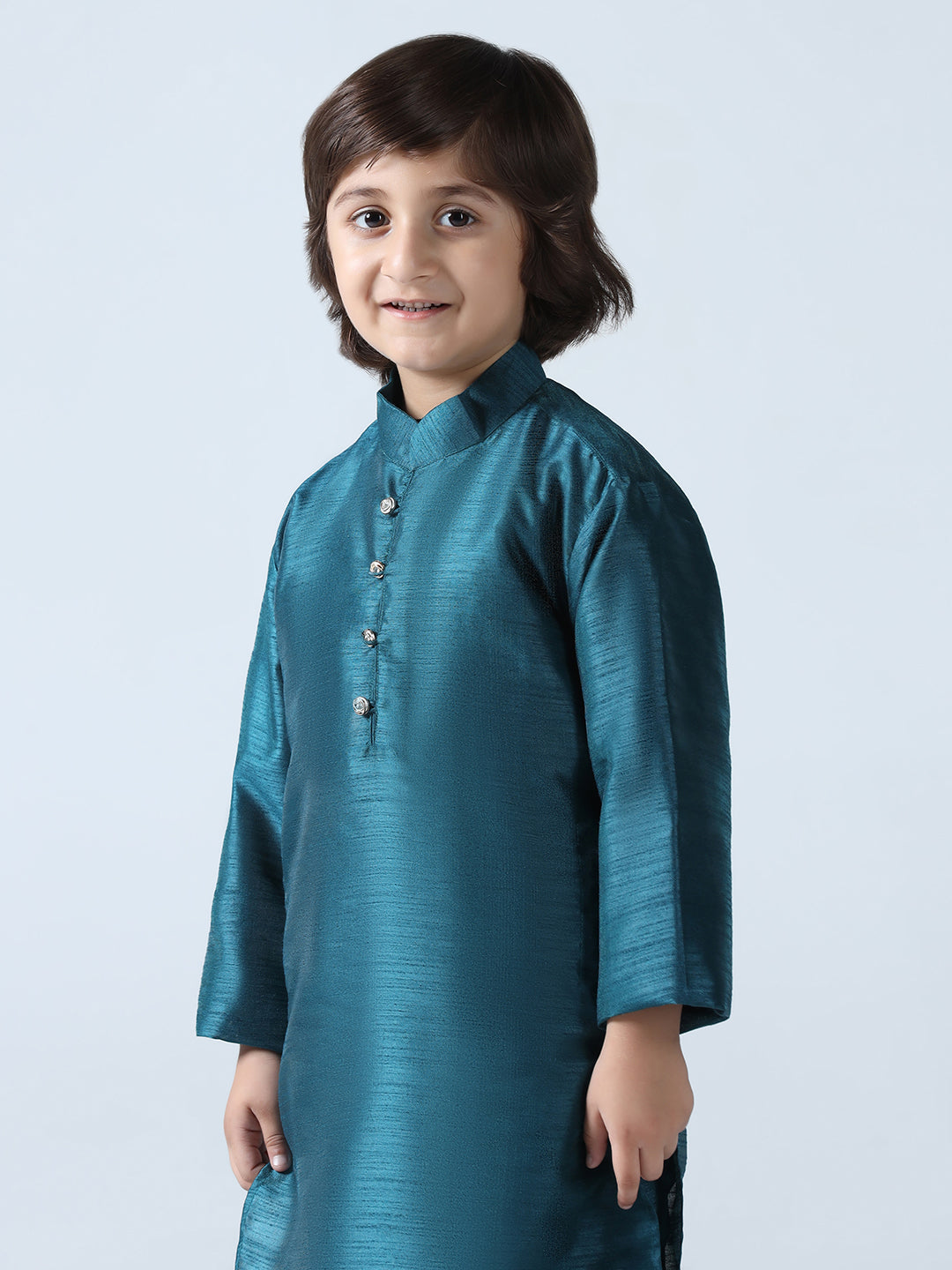 Boys Turquoish Dupion Silk Straight Kurta With Trousers