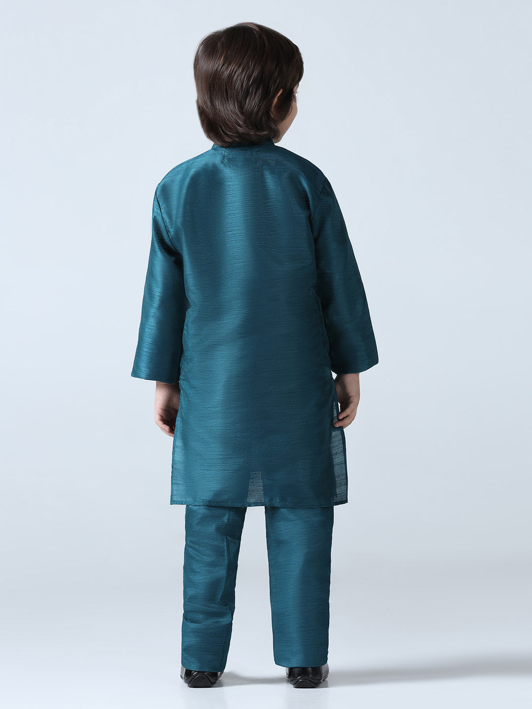 Boys Turquoish Dupion Silk Straight Kurta With Trousers