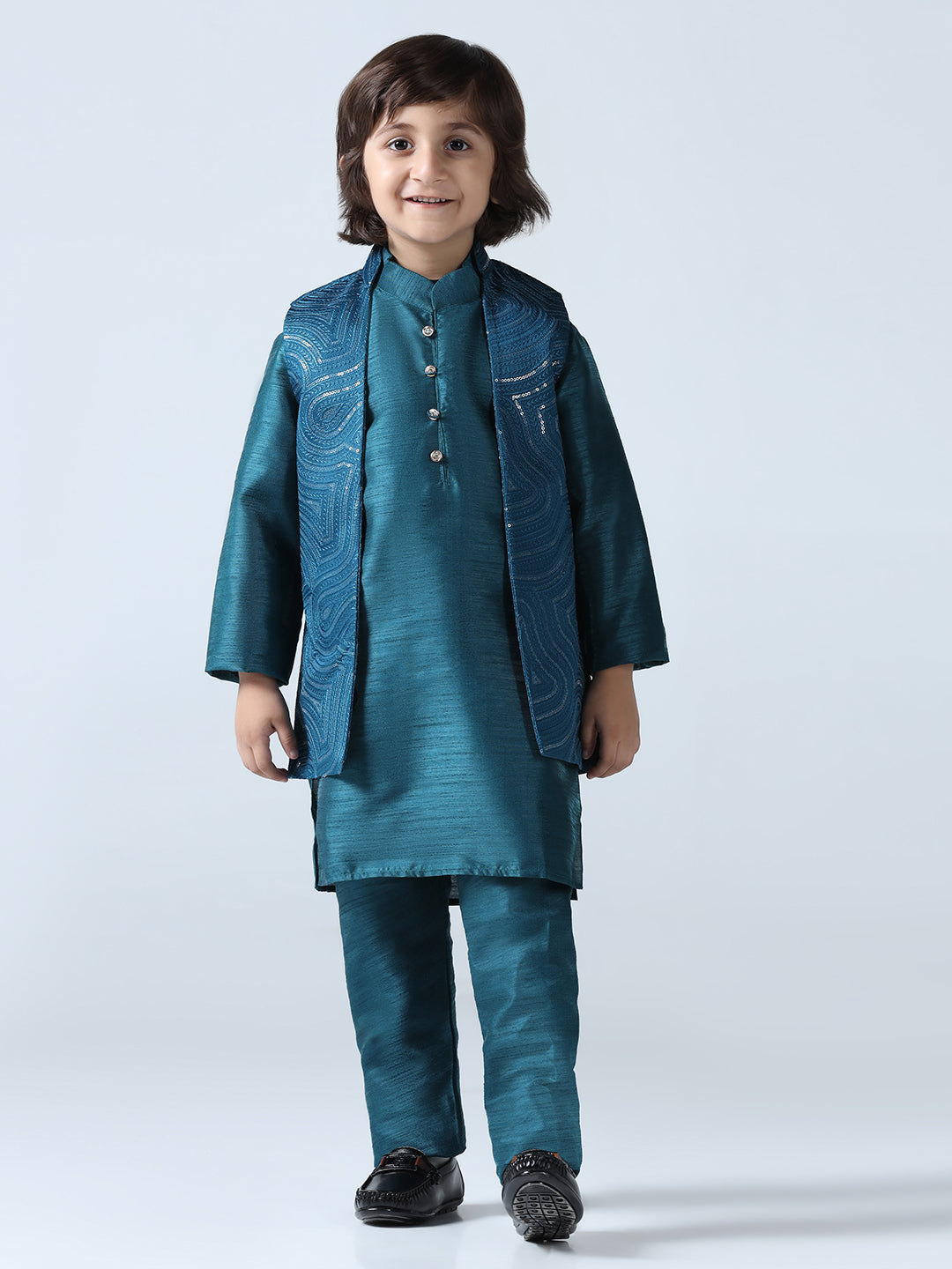 Boy Turquoish Embroided Shrug with Kurta Set