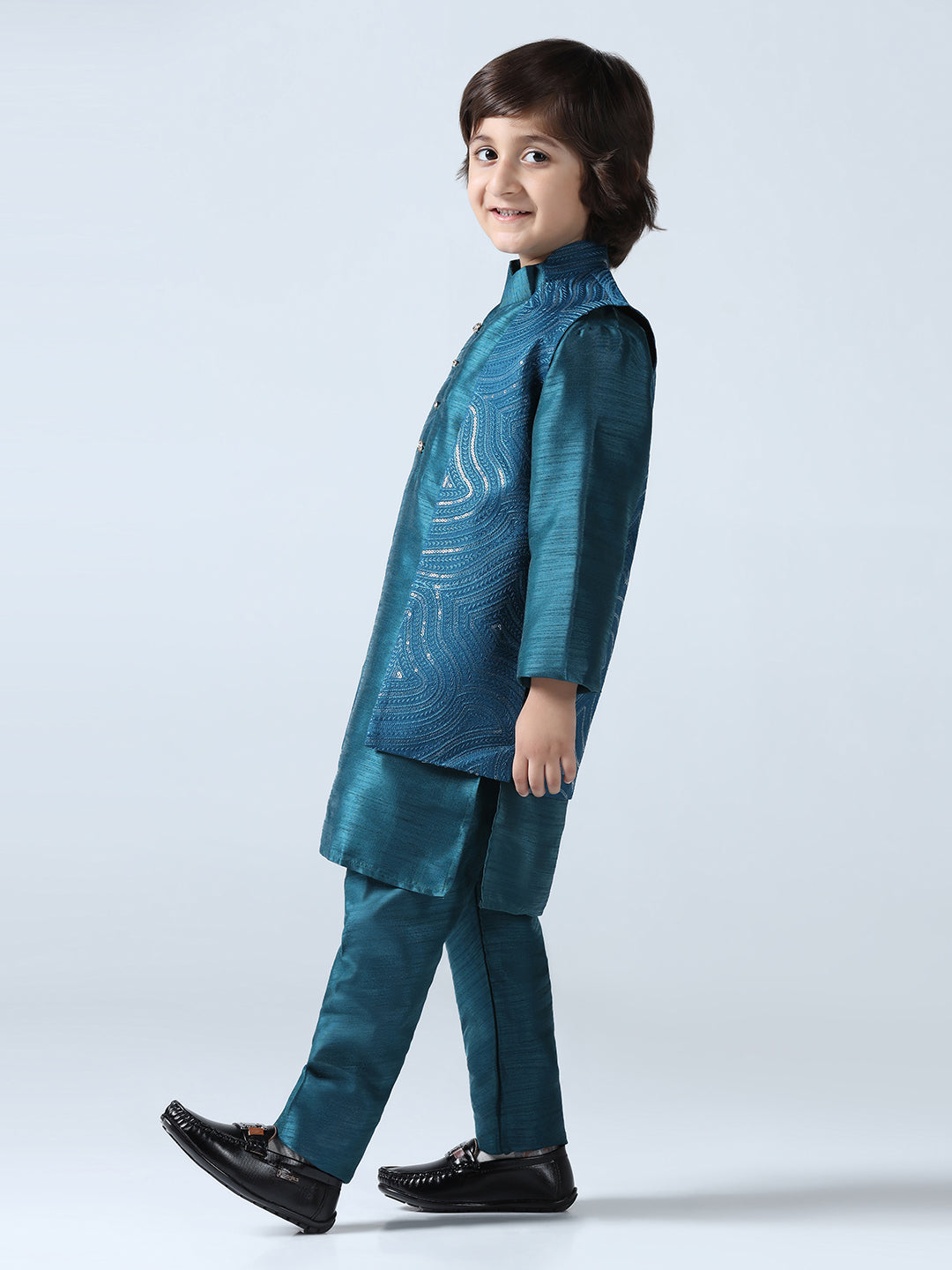 Boy Turquoish Embroided Shrug with Kurta Set