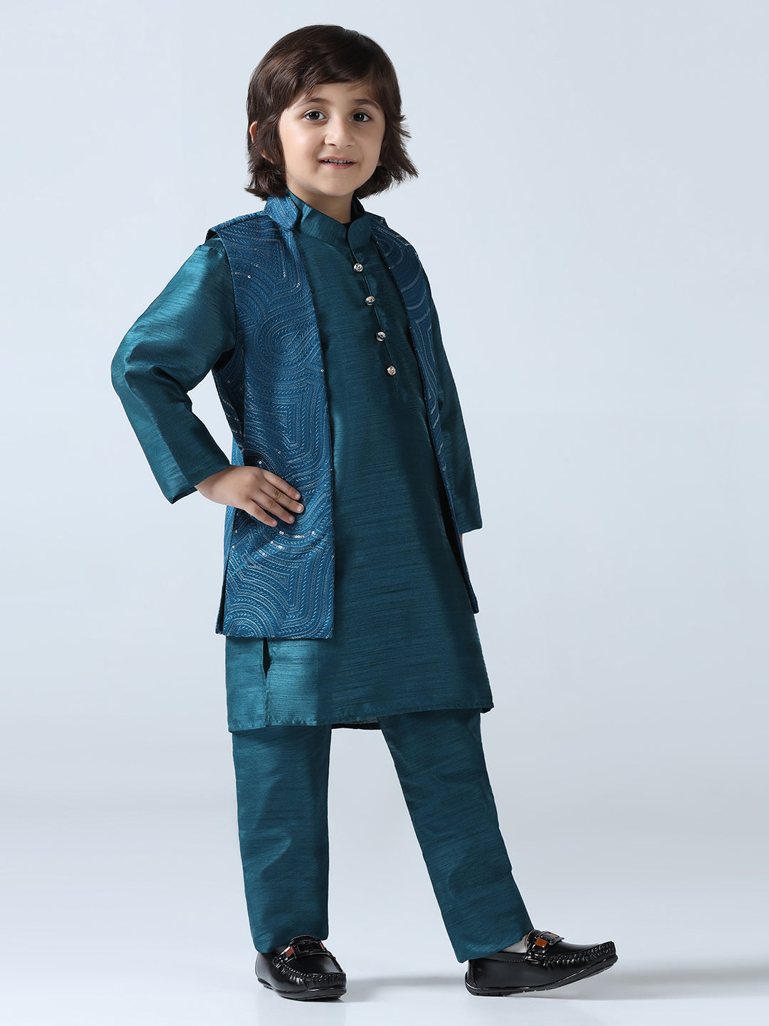 Boy Turquoish Embroided Shrug with Kurta Set