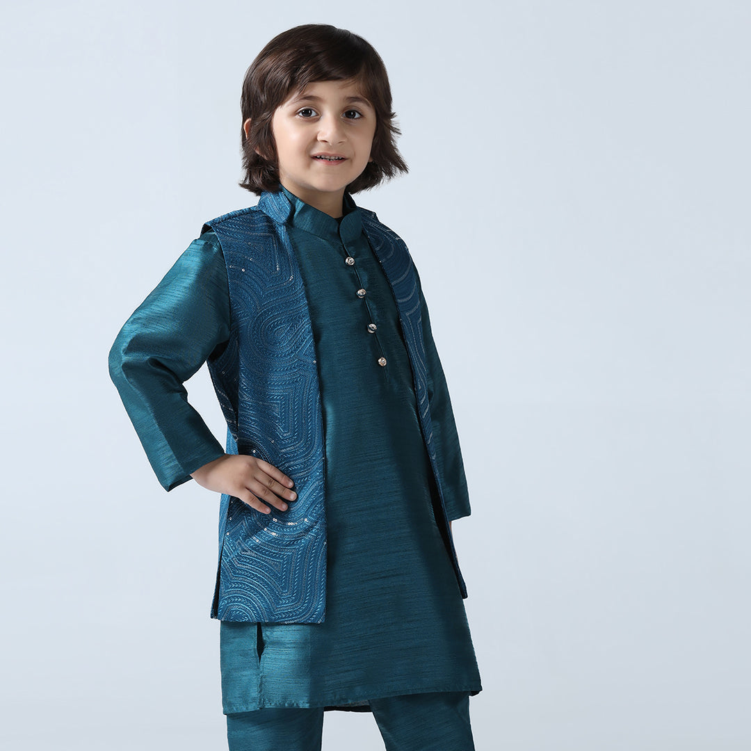 Boy Turquoish Embroided Shrug with Kurta Set