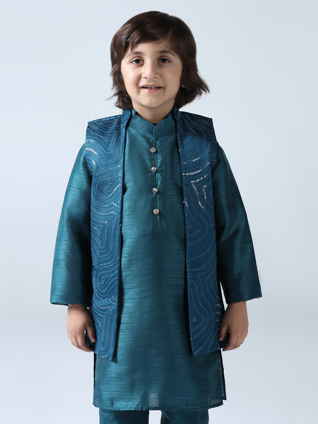 Boy Turquoish Embroided Shrug with Kurta Set