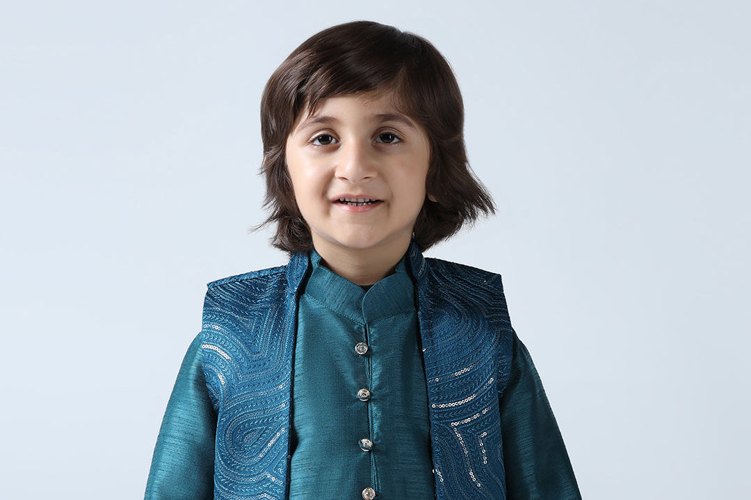 Boy Turquoish Embroided Shrug with Kurta Set