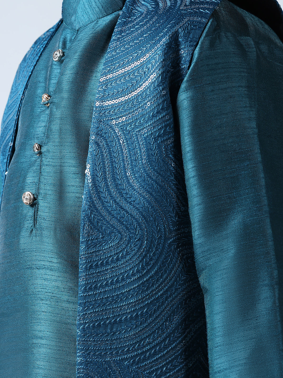 Boy Turquoish Embroided Shrug with Kurta Set