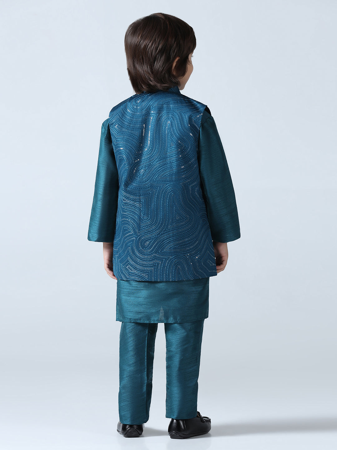 Boy Turquoish Embroided Shrug with Kurta Set