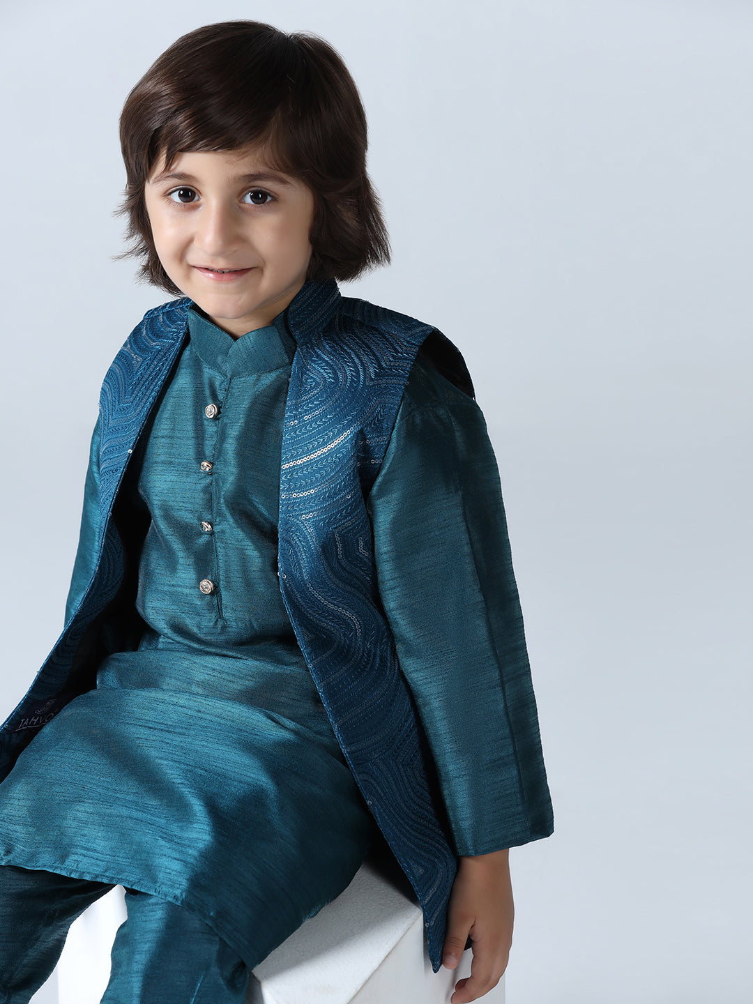 Boy Turquoish Embroided Shrug with Kurta Set