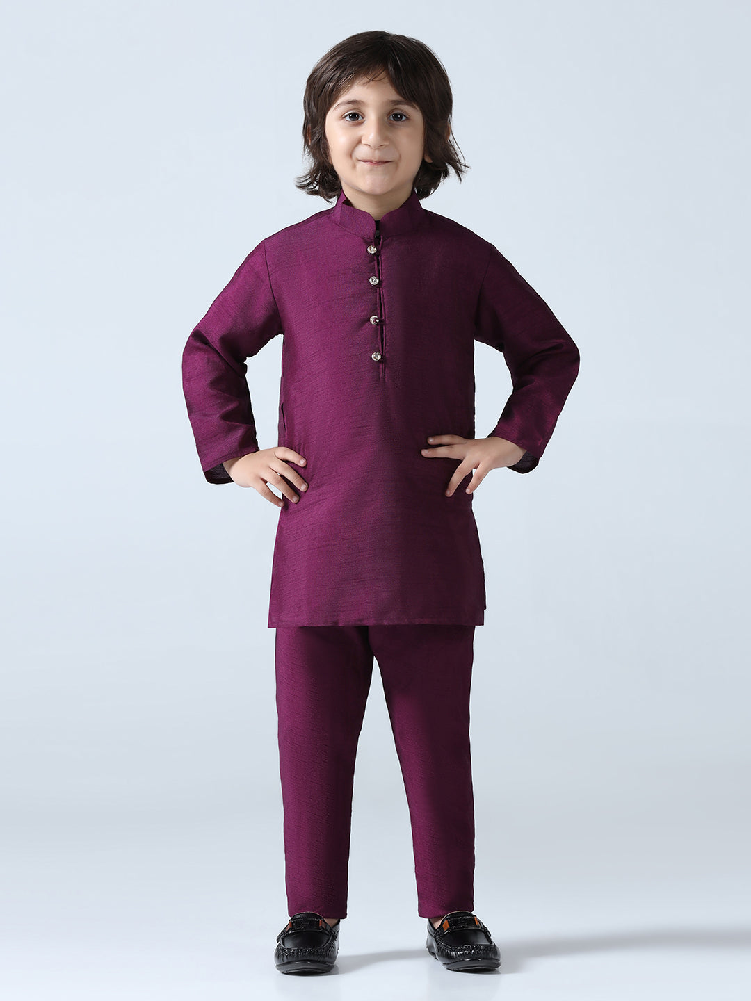 Boys Dupion Silk Straight Kurta With Trousers