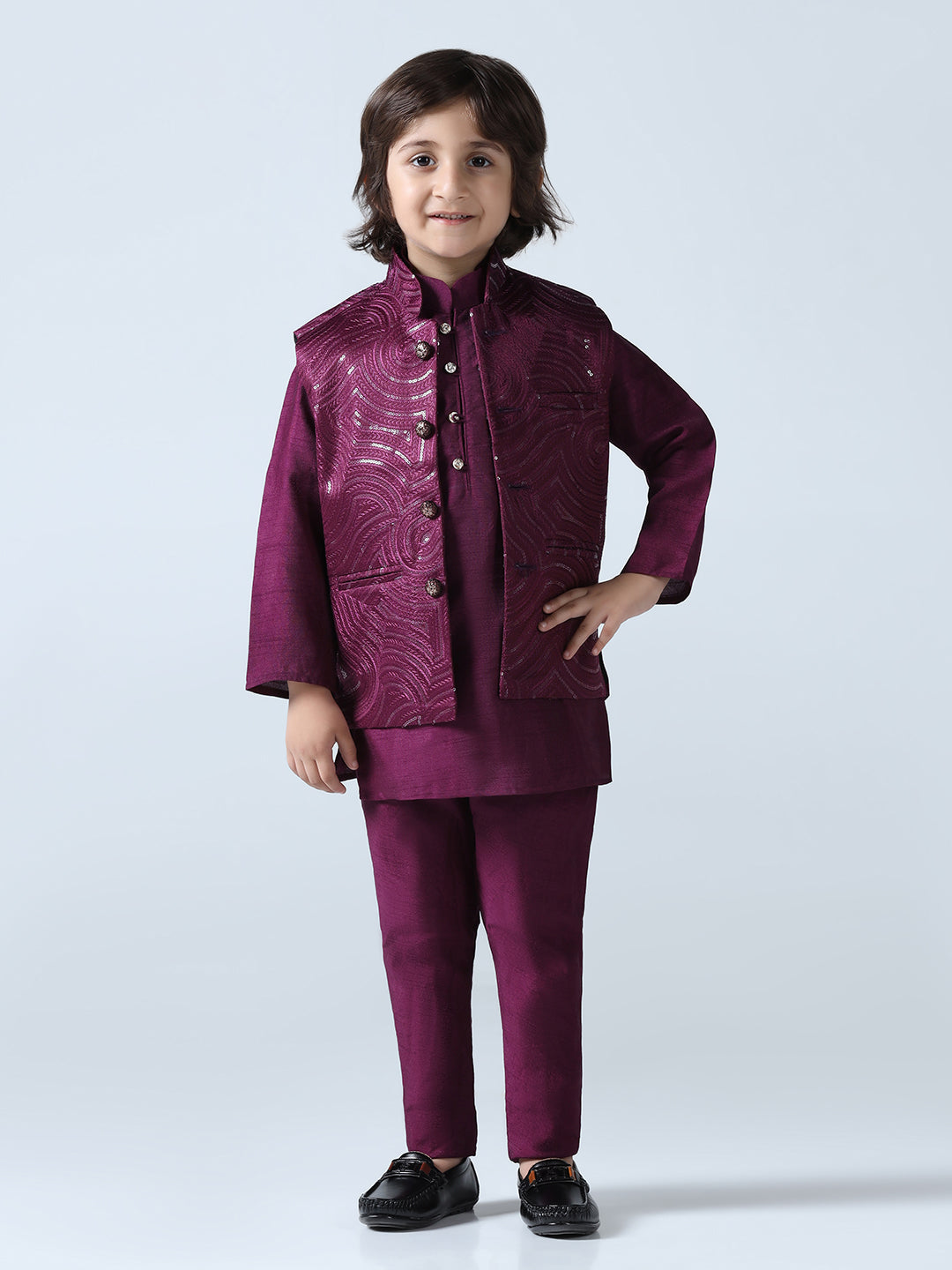 Boy Wine Embroided Jakcet Kurta Set