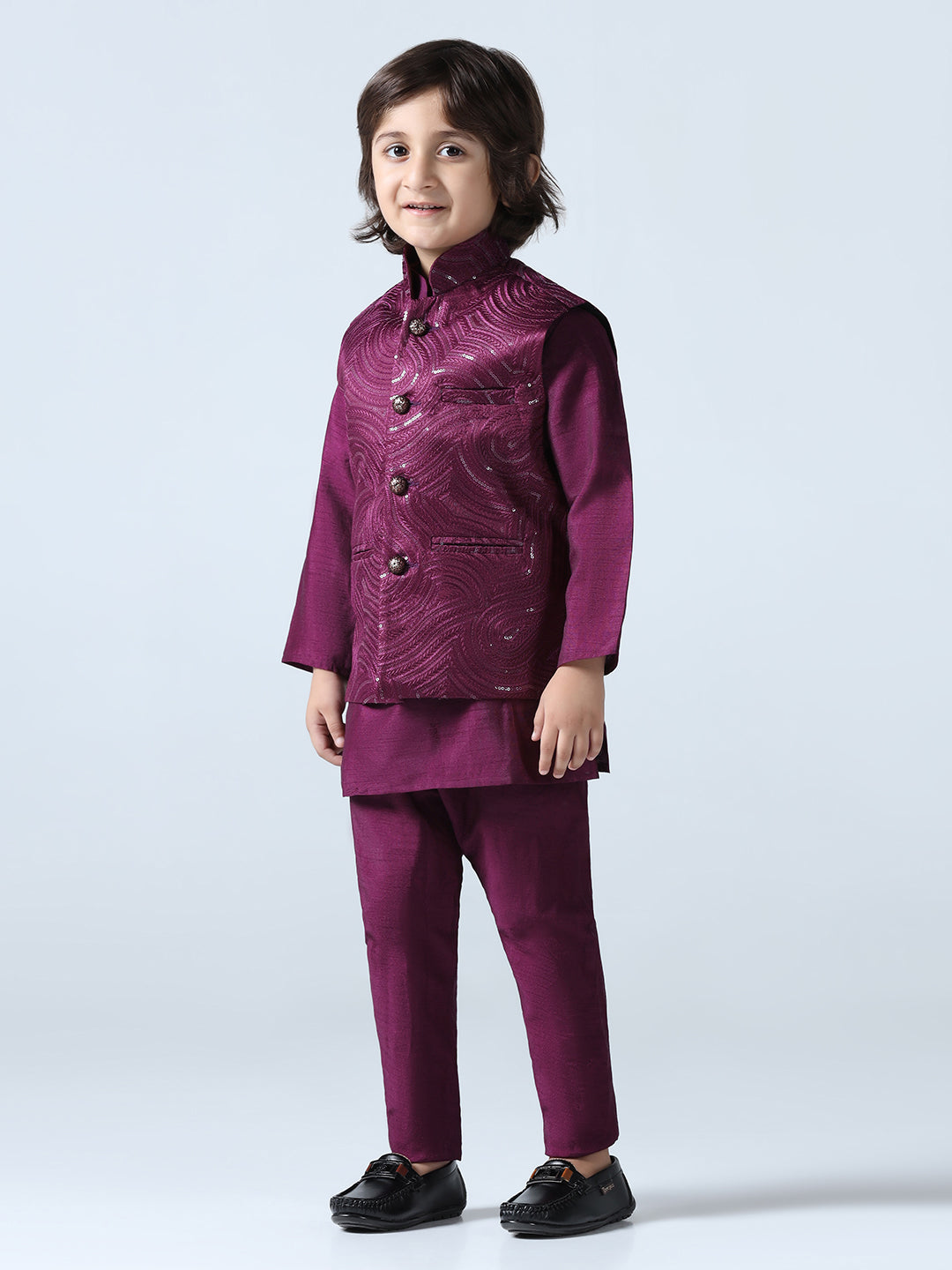 Boy Wine Embroided Jakcet Kurta Set