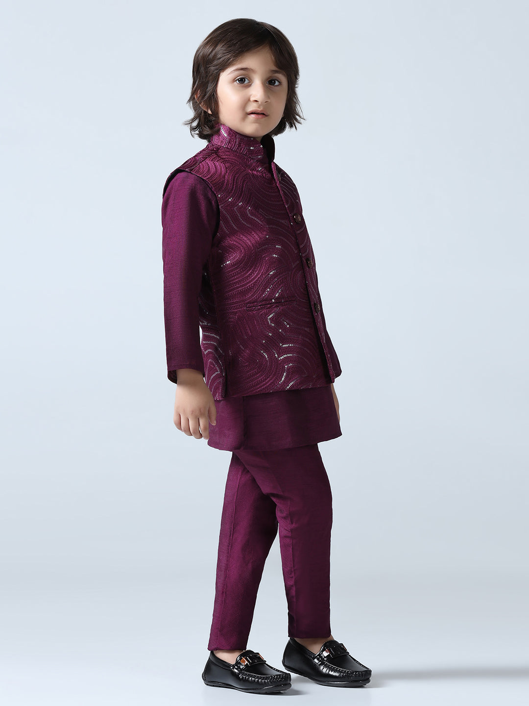 Boy Wine Embroided Jakcet Kurta Set