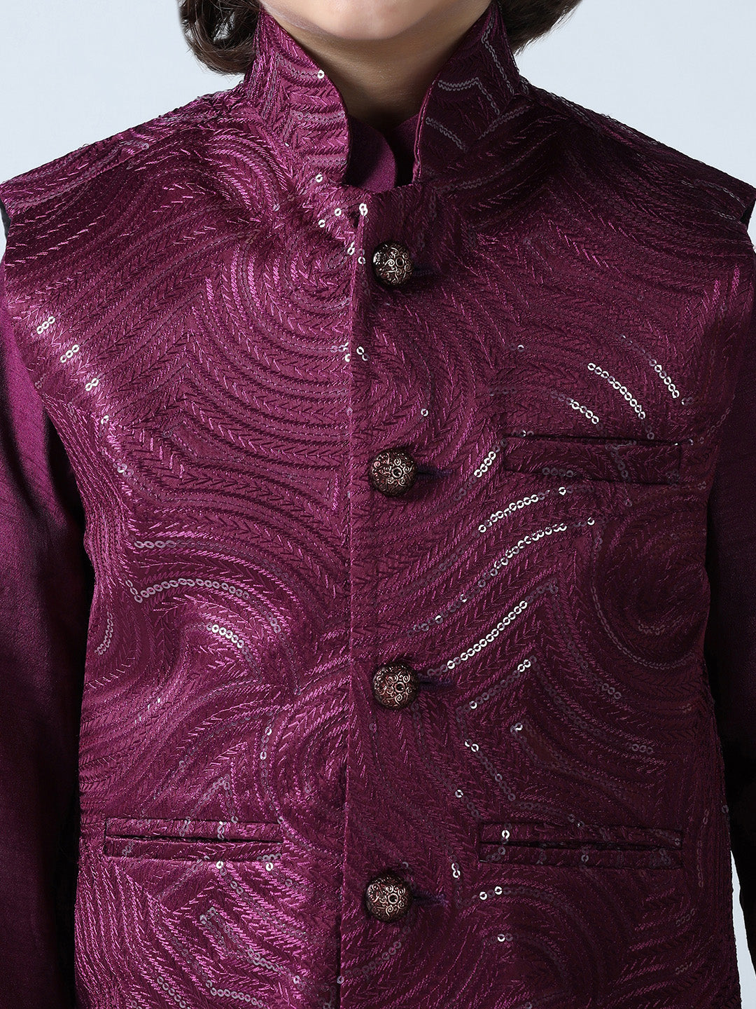 Boy Wine Embroided Jakcet Kurta Set