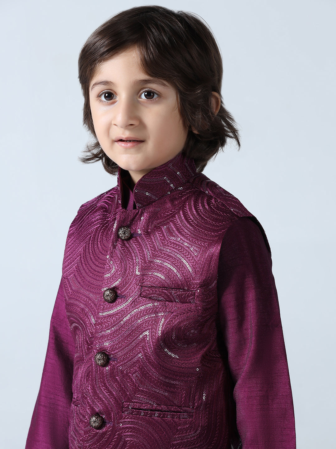 Boy Wine Embroided Jakcet Kurta Set