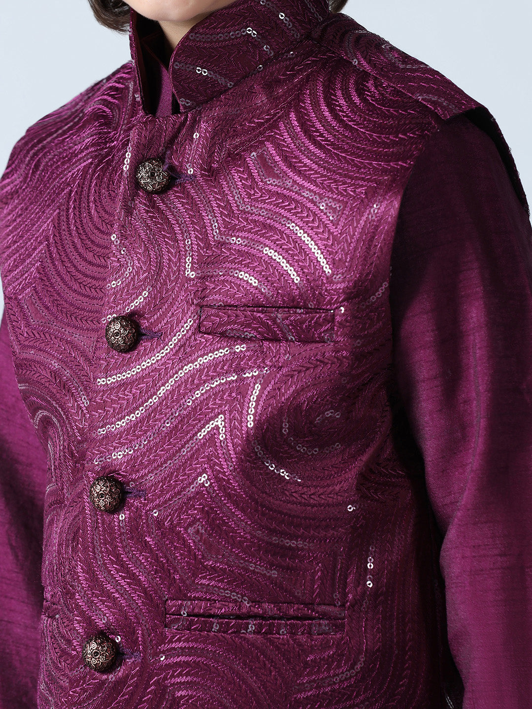Boy Wine Embroided Jakcet Kurta Set