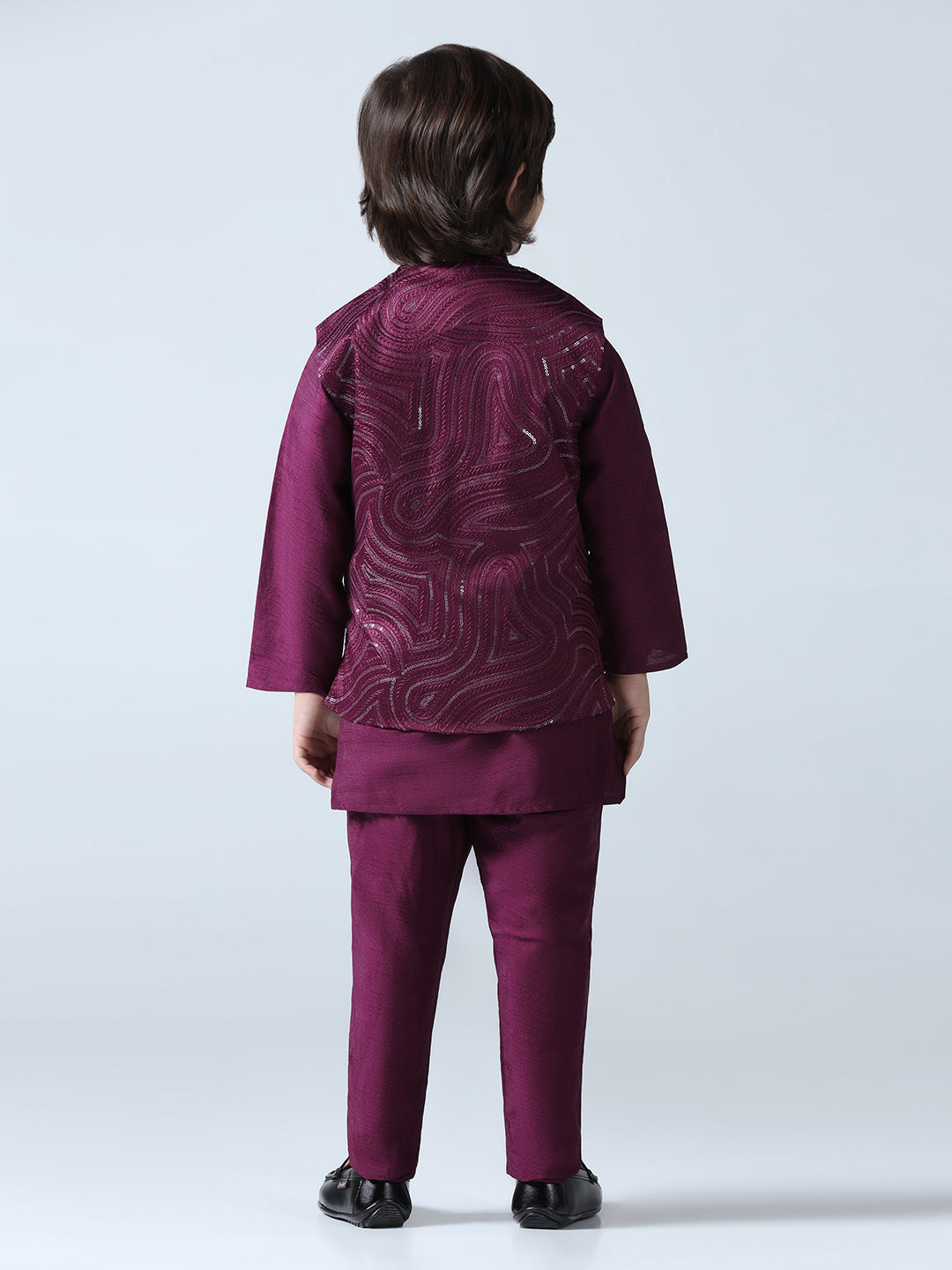 Boy Wine Embroided Jakcet Kurta Set