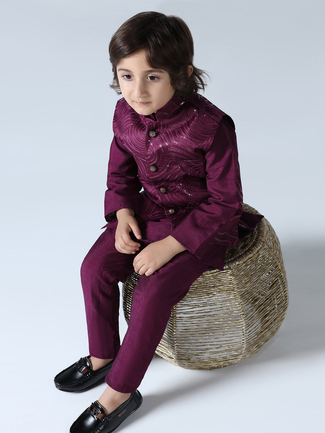 Boy Wine Embroided Jakcet Kurta Set