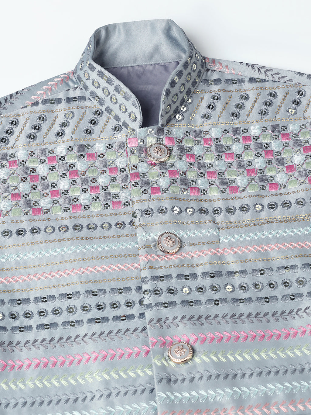 Boys Grey Embroided Jacket Kurta Set