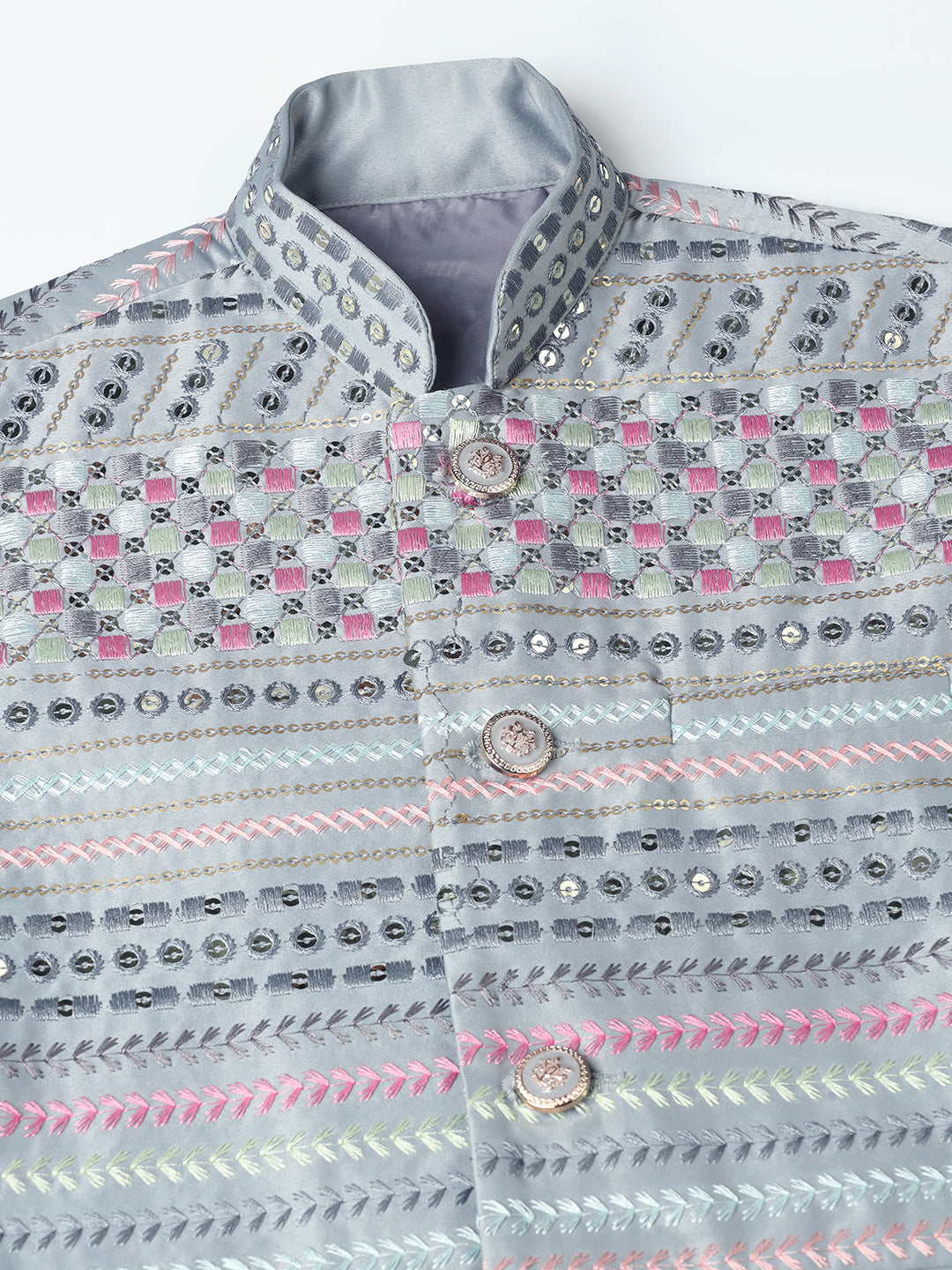 Boys Grey Embroided Jacket Kurta Set