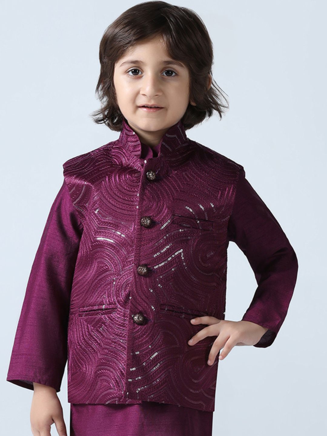 Boys Wine Embroidered Nehru Jacket