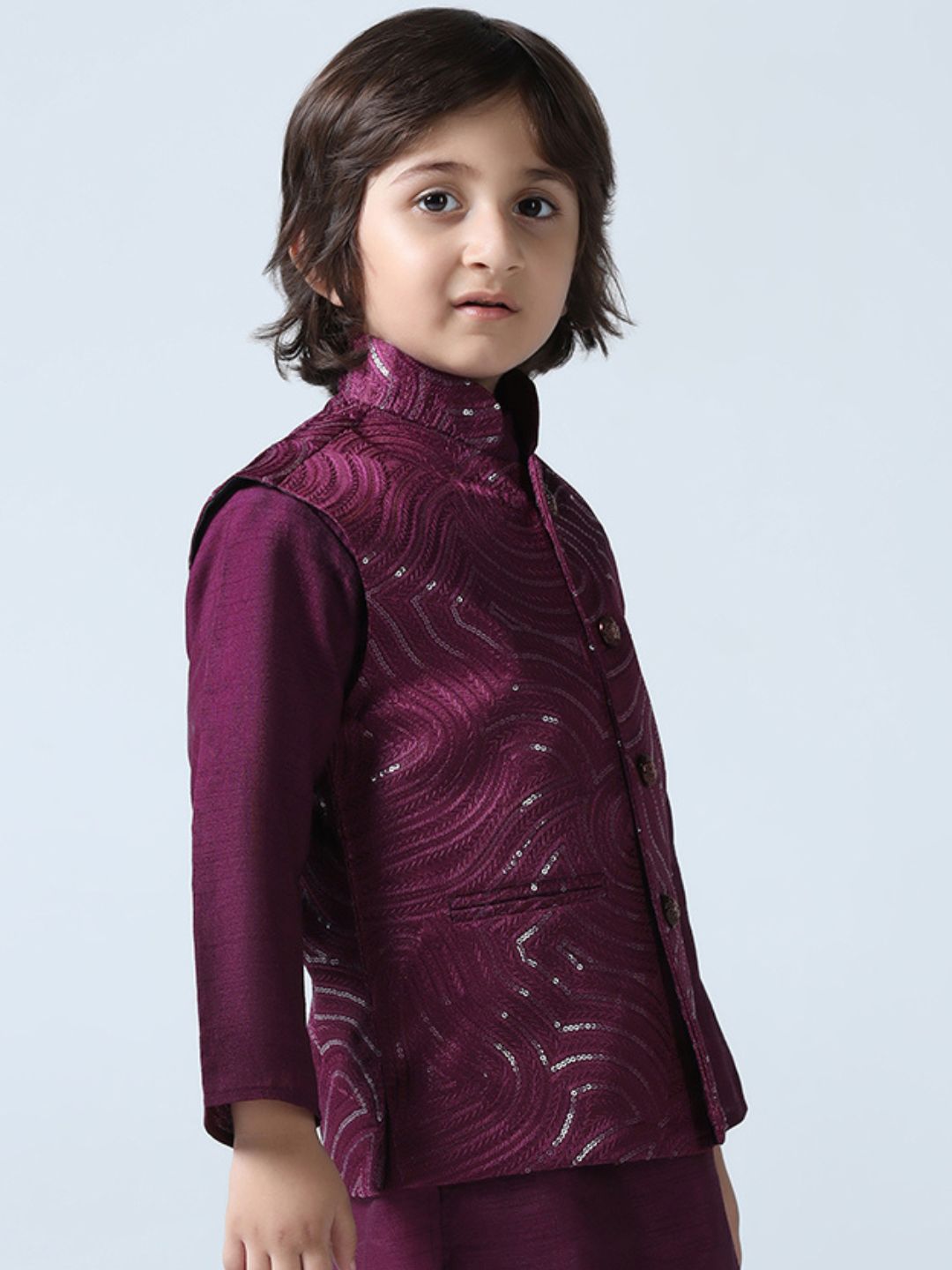 Boys Wine Embroidered Nehru Jacket