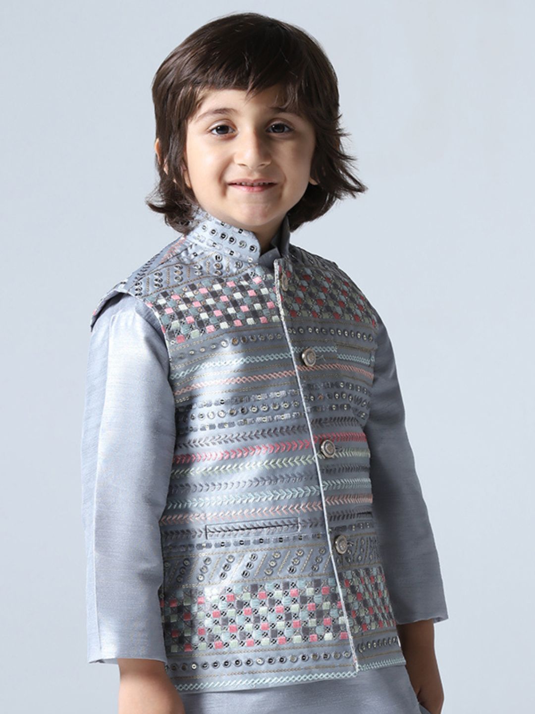 Boys Embroidered Satin Nehru Jacket