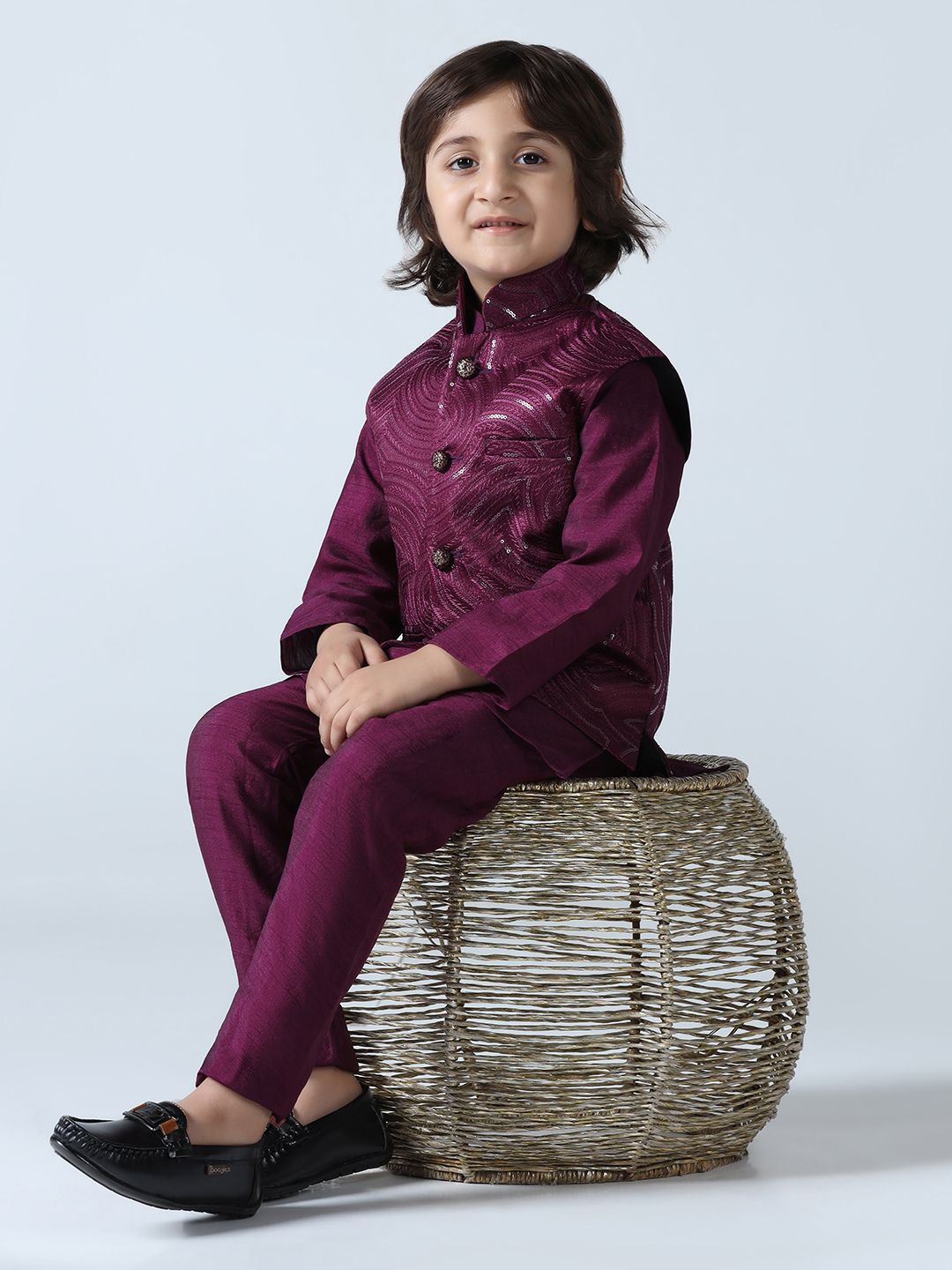 Boys Wine Embroidered Nehru Jacket