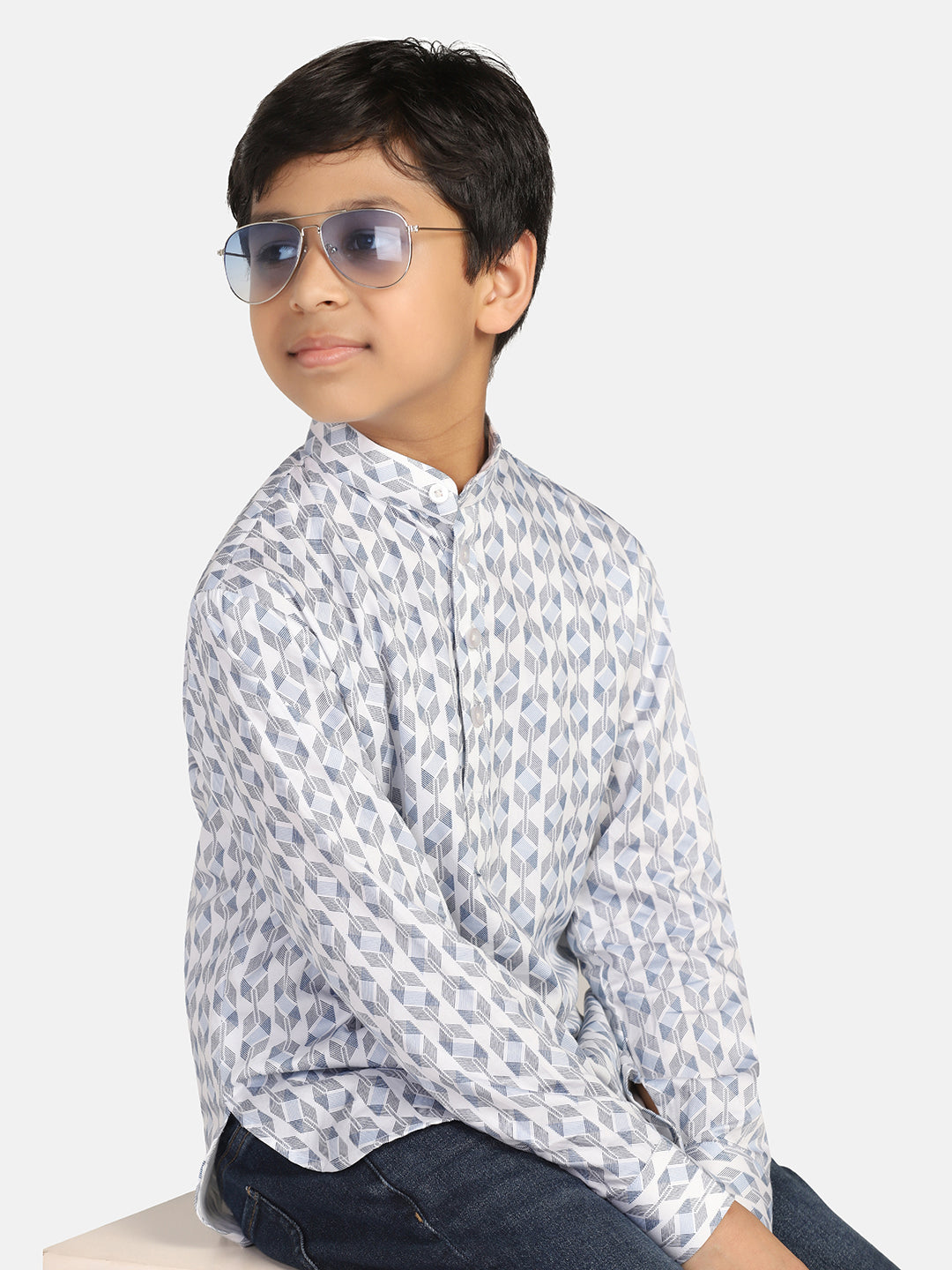 Kids White Printed Shirt Kurta - Tahvo India