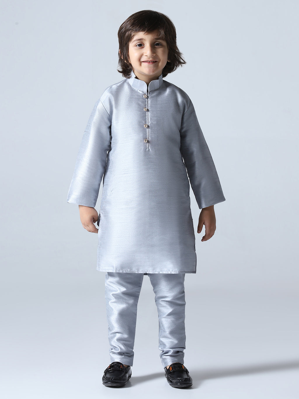Boys Grey Dupion Silk Straight Kurta With Trousers