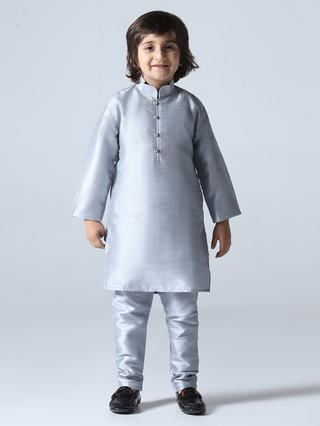Boys Grey Dupion Silk Straight Kurta With Trousers