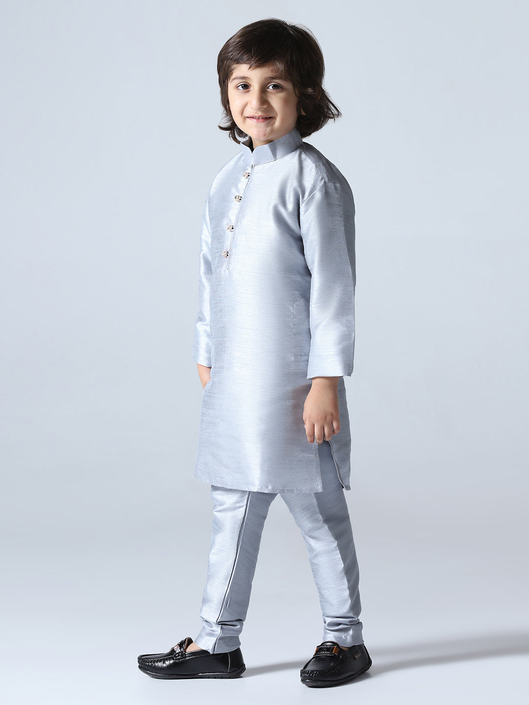 Boys Grey Dupion Silk Straight Kurta With Trousers