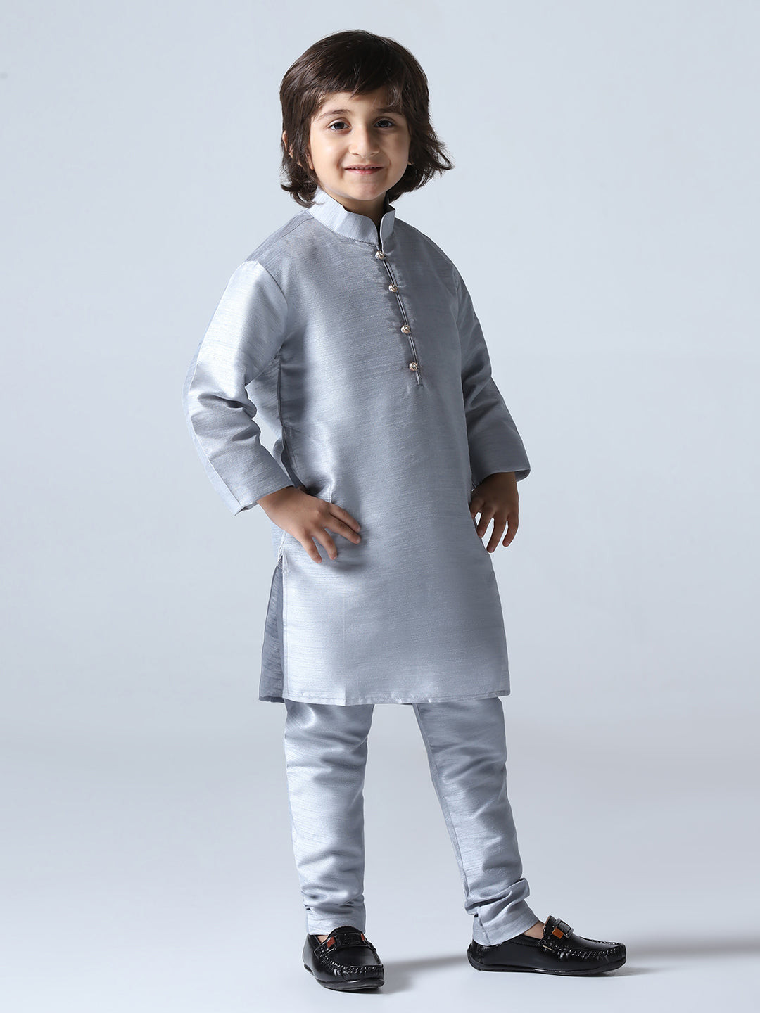Boys Grey Dupion Silk Straight Kurta With Trousers