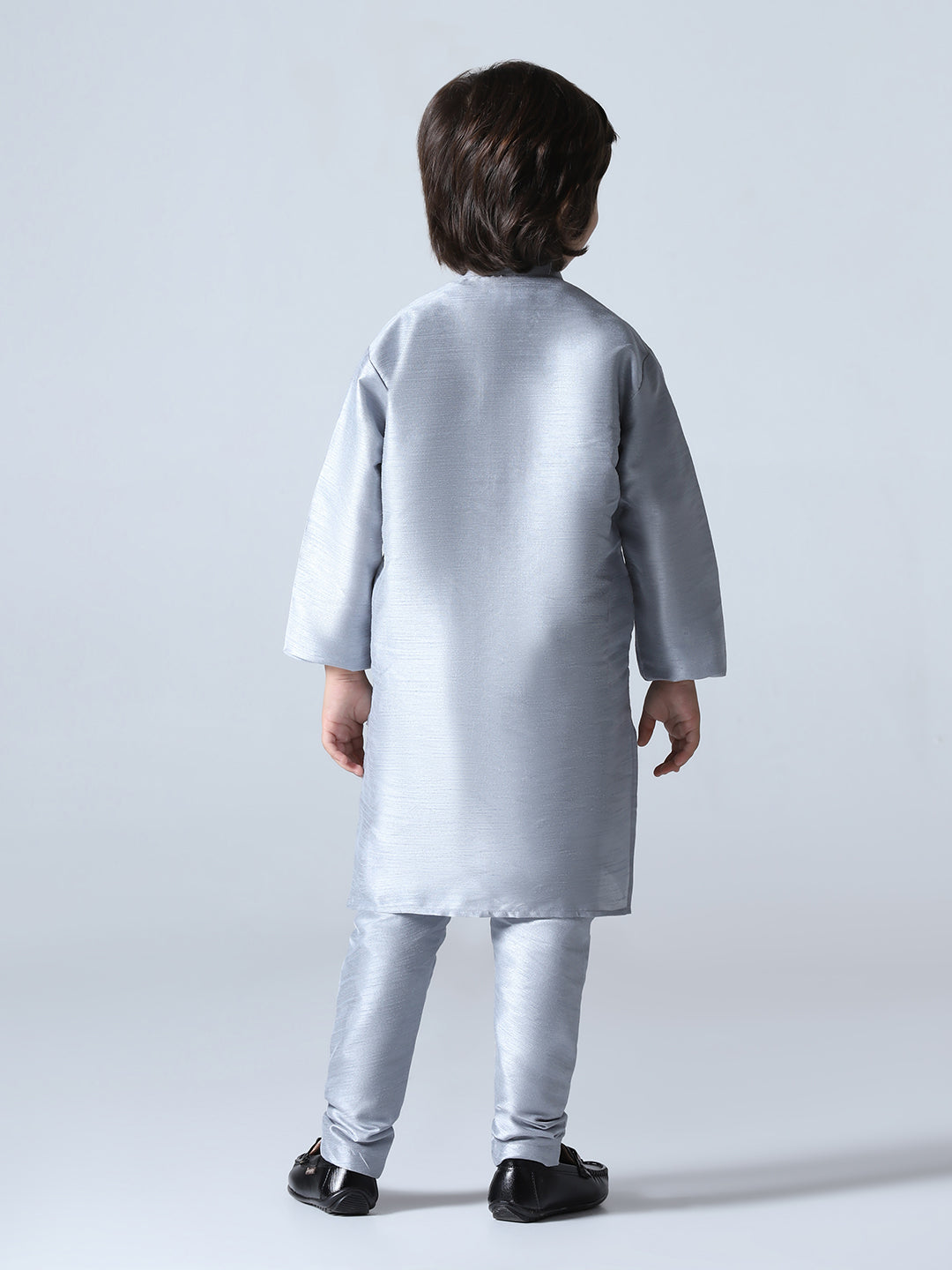 Boys Grey Dupion Silk Straight Kurta With Trousers