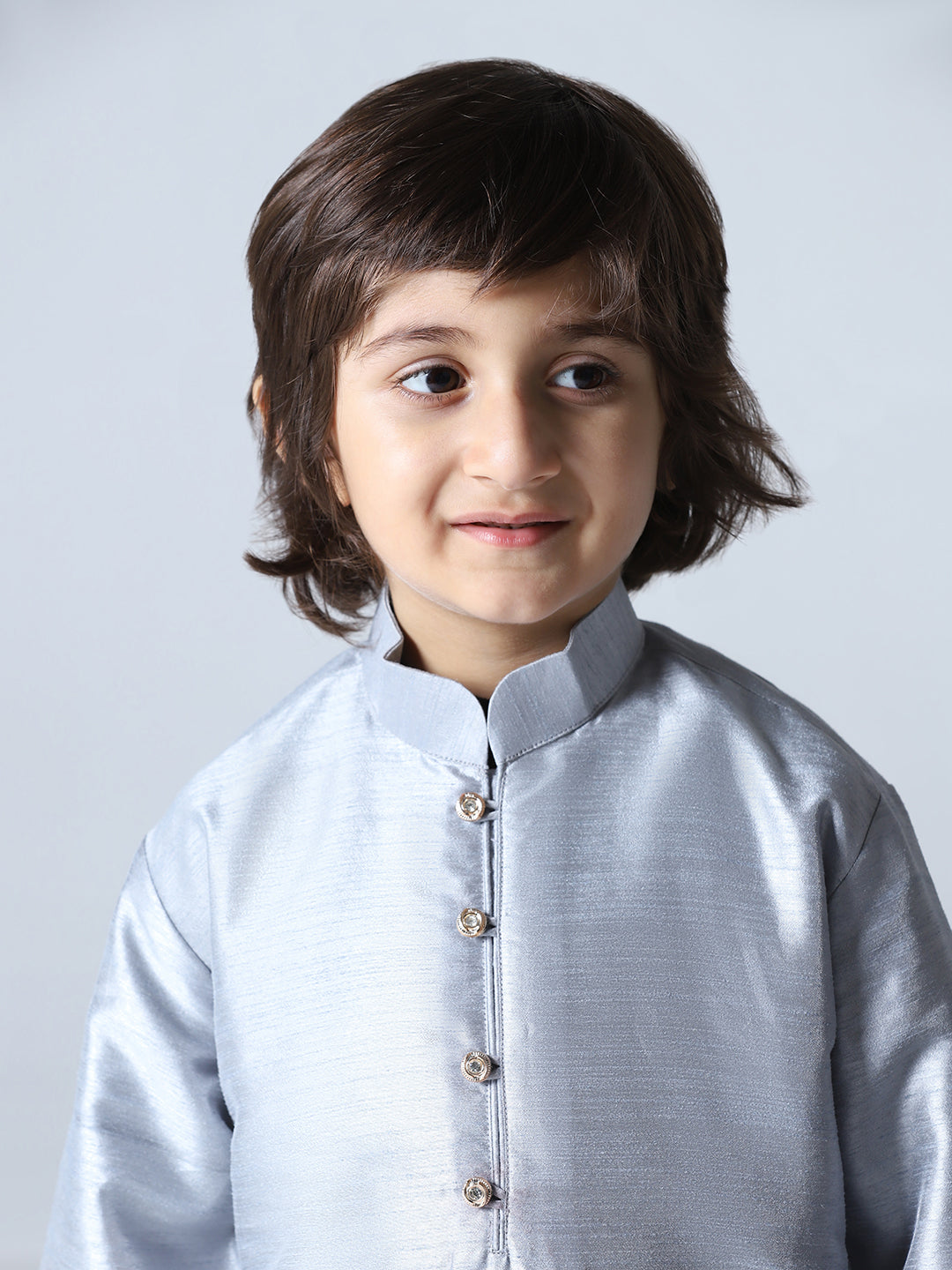 Boys Grey Dupion Silk Straight Kurta With Trousers