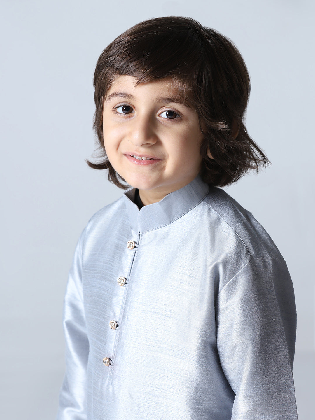 Boys Grey Dupion Silk Straight Kurta With Trousers