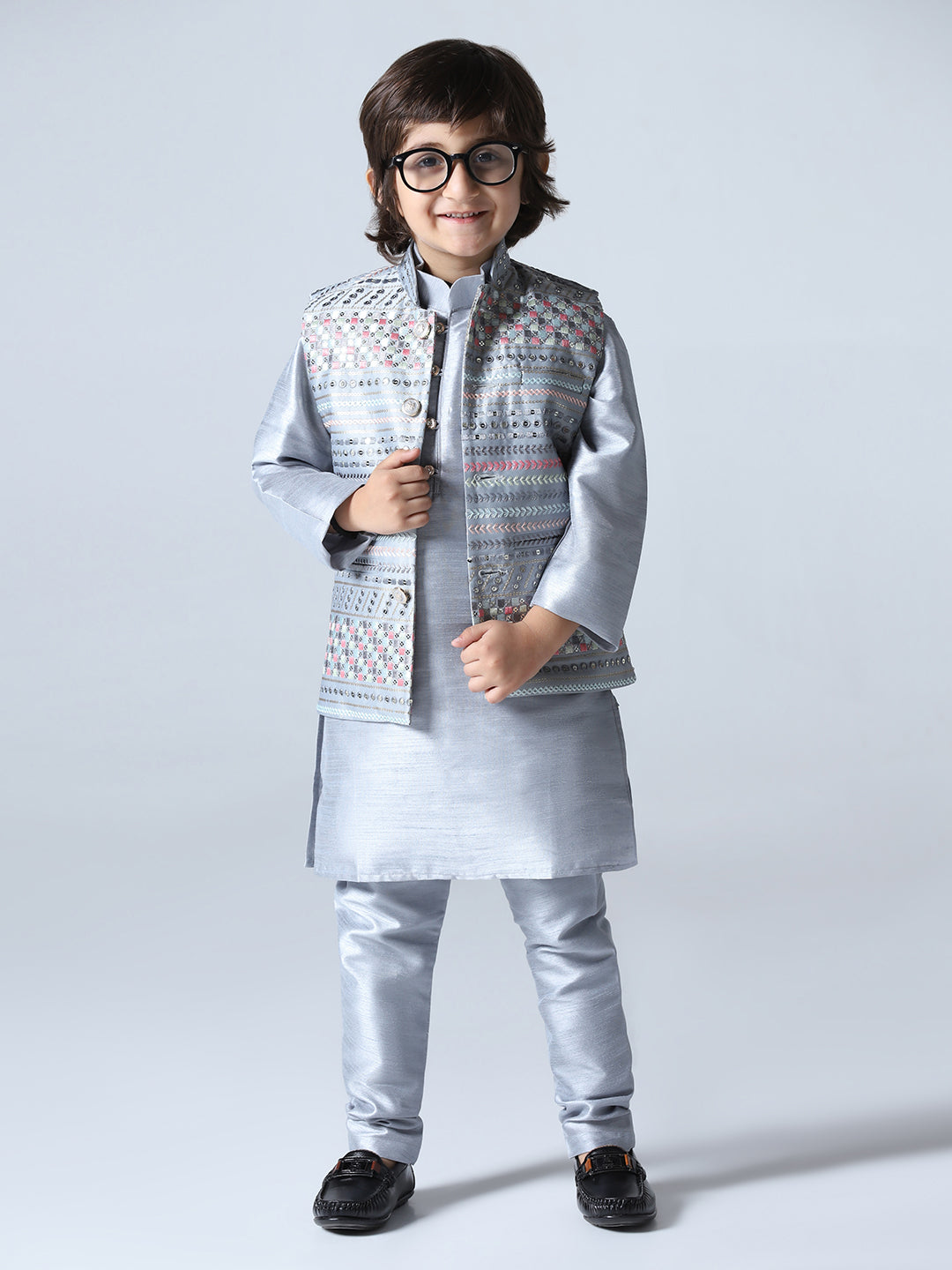 Boys Grey Embroided Jacket Kurta Set