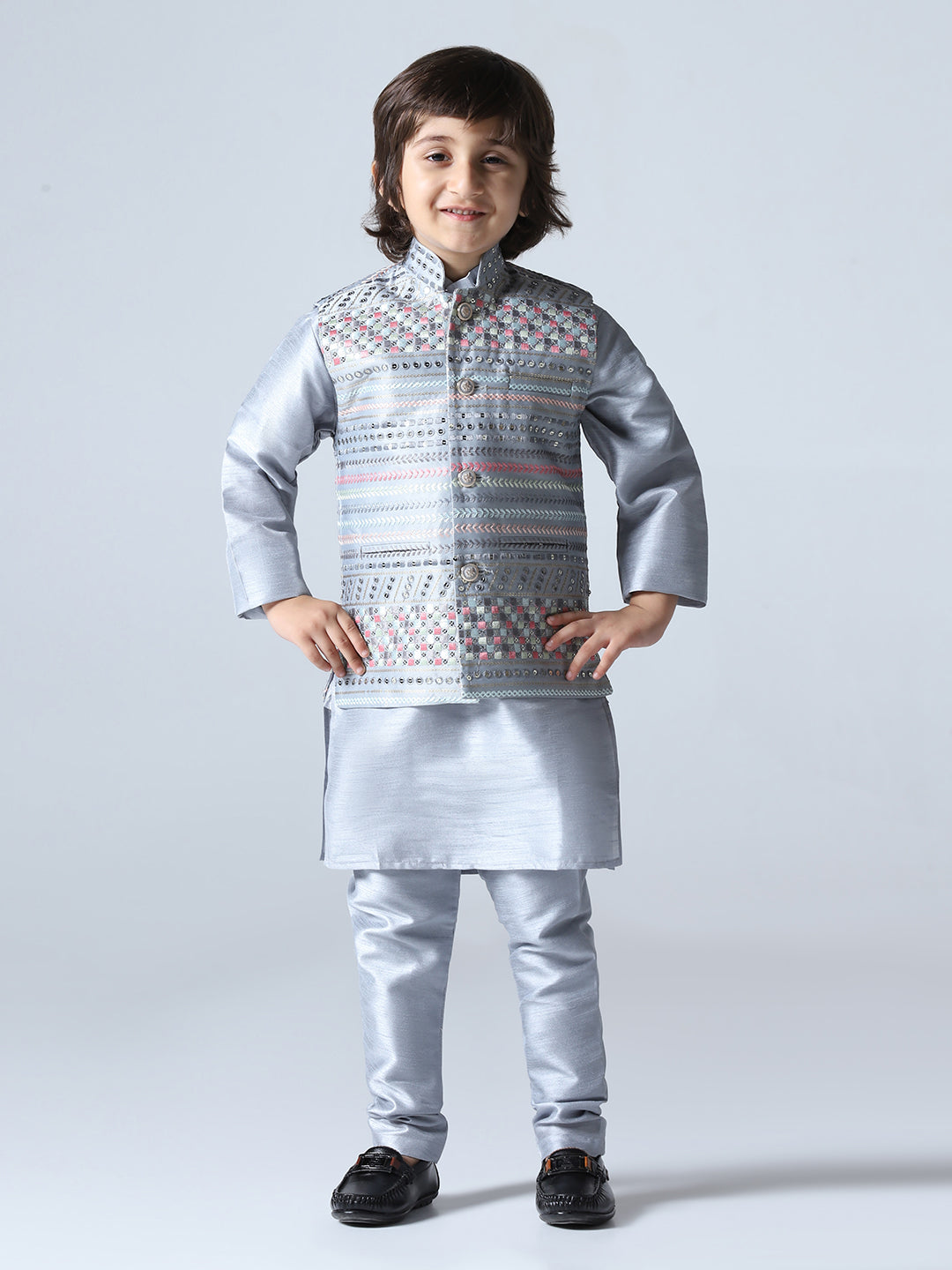 Boys Grey Embroided Jacket Kurta Set