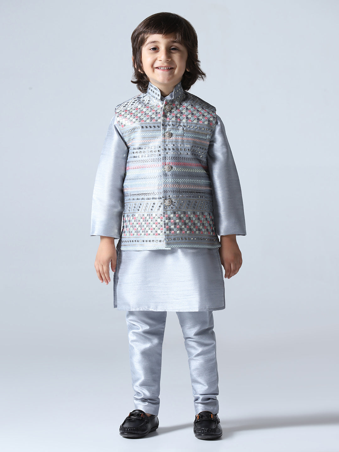 Boys Grey Embroided Jacket Kurta Set