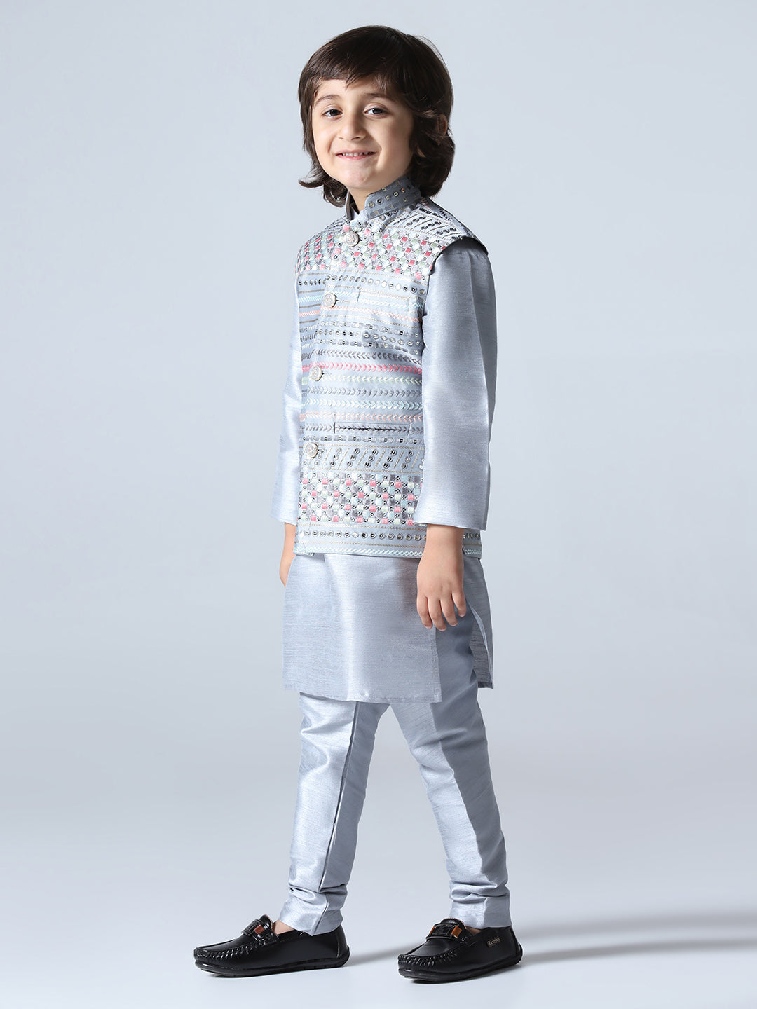Boys Grey Embroided Jacket Kurta Set