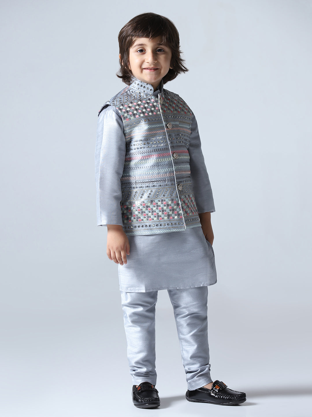 Boys Grey Embroided Jacket Kurta Set
