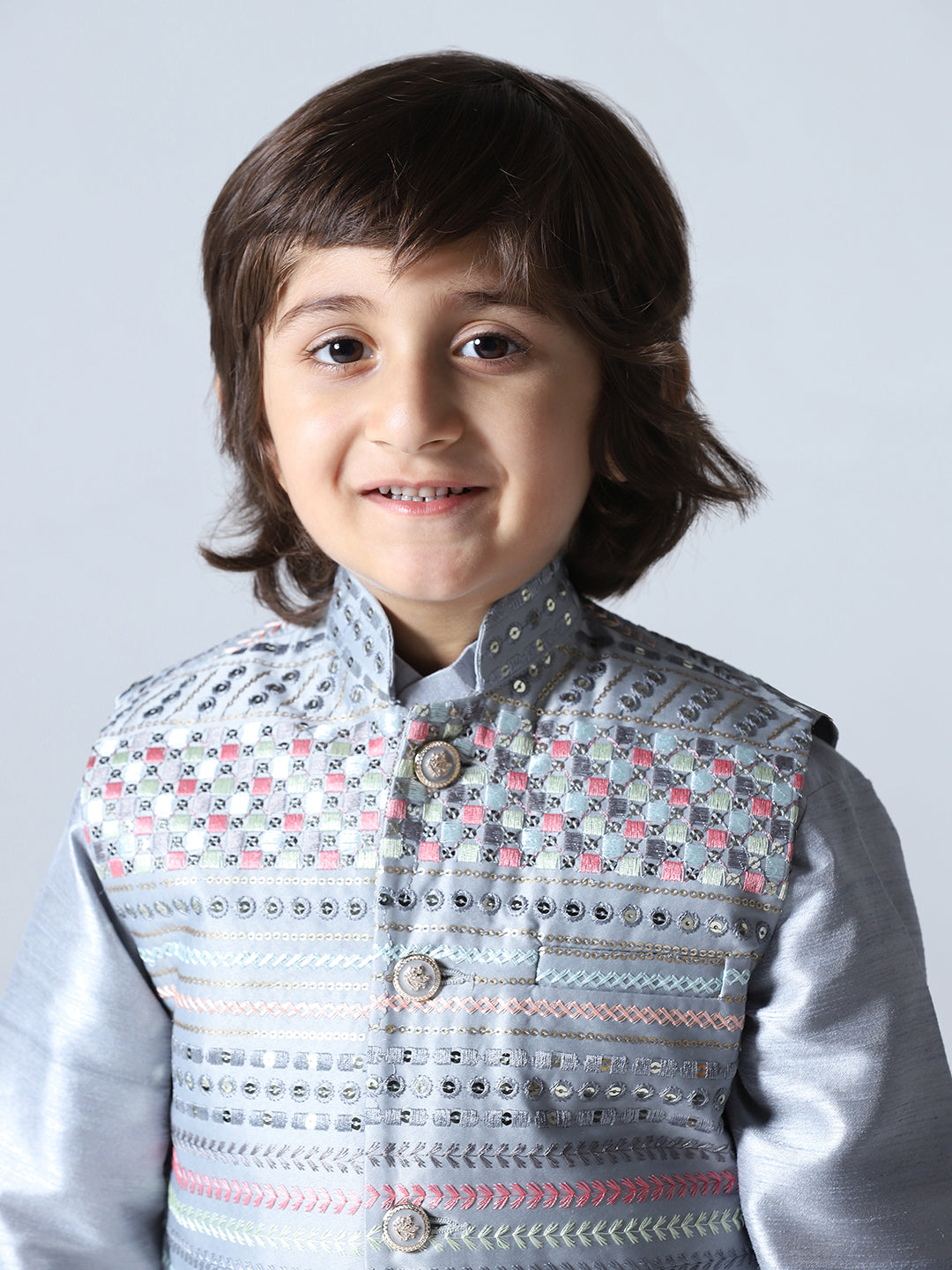 Boys Grey Embroided Jacket Kurta Set - Tututree