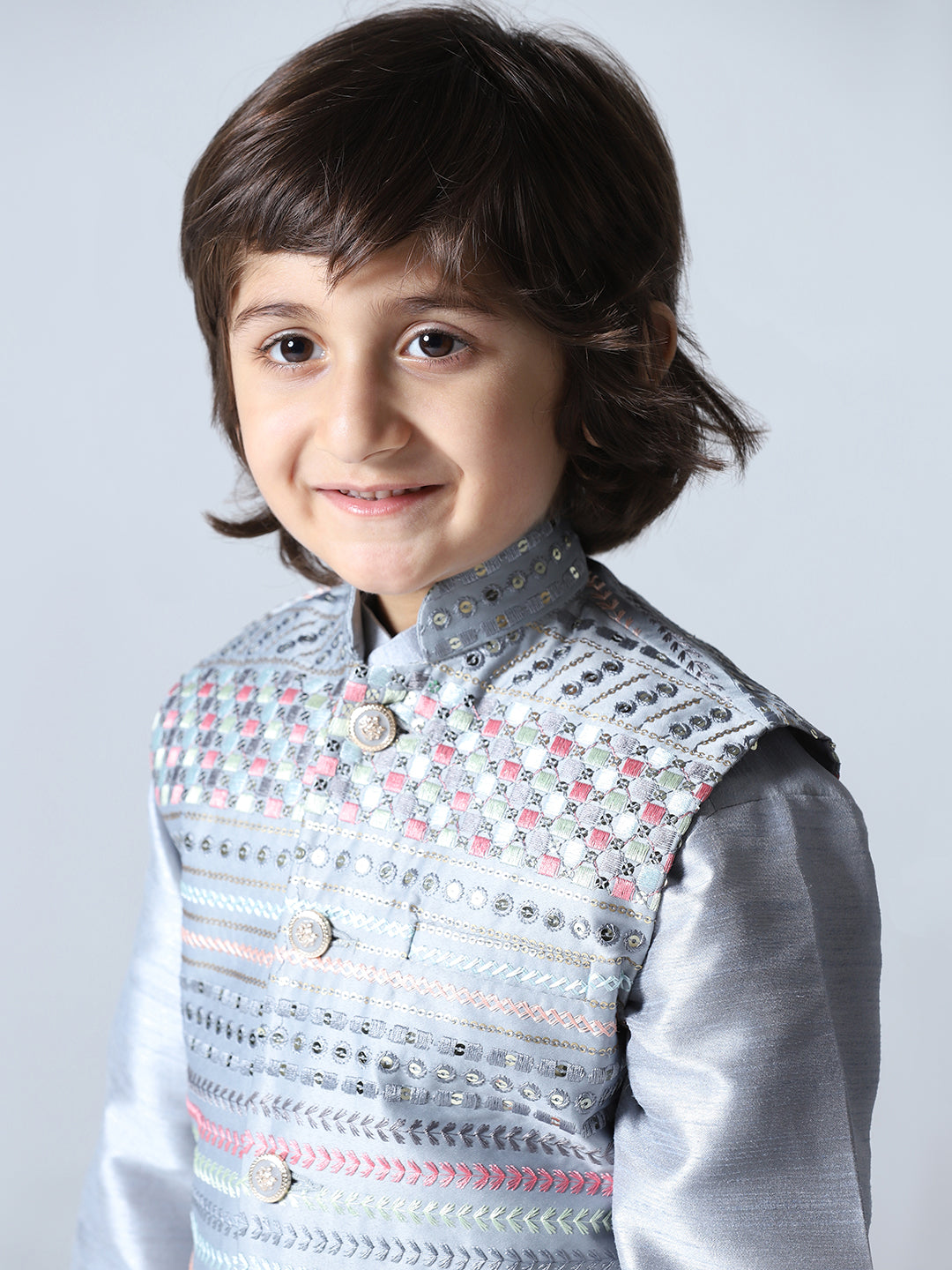 Boys Grey Embroided Jacket Kurta Set