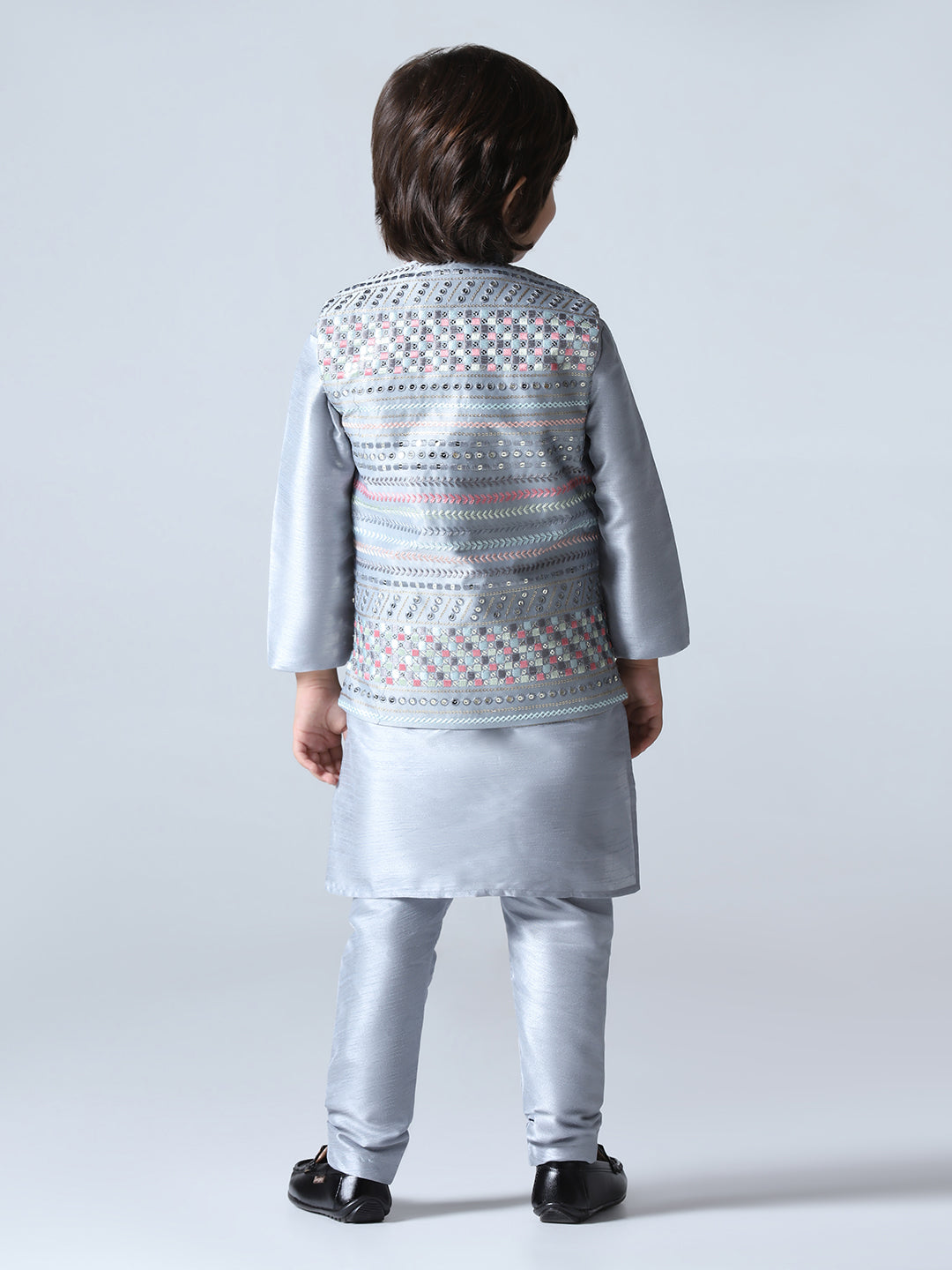 Boys Grey Embroided Jacket Kurta Set
