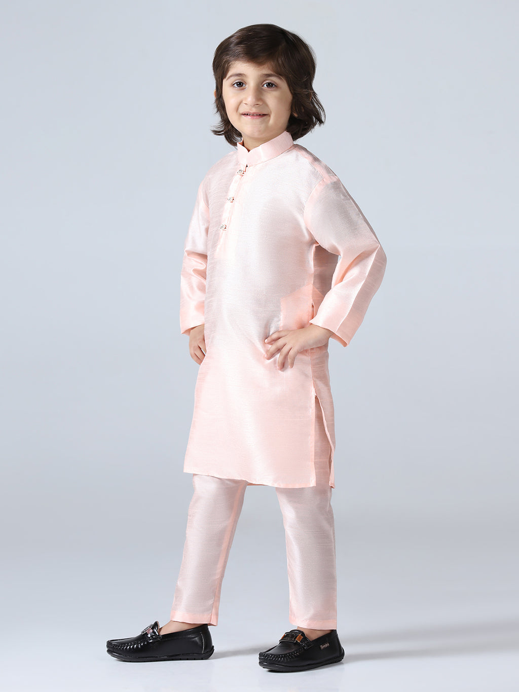 Boys Peach Mandarin Collar Regular Kurta Sets