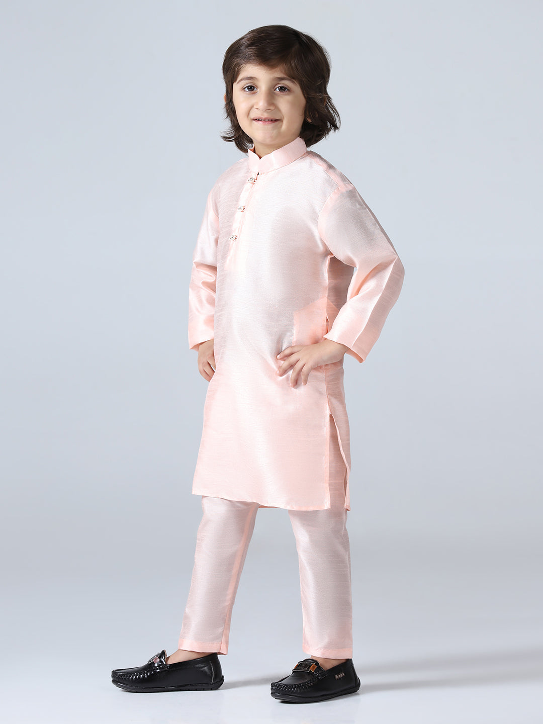 Boys Peach Mandarin Collar Regular Kurta Sets