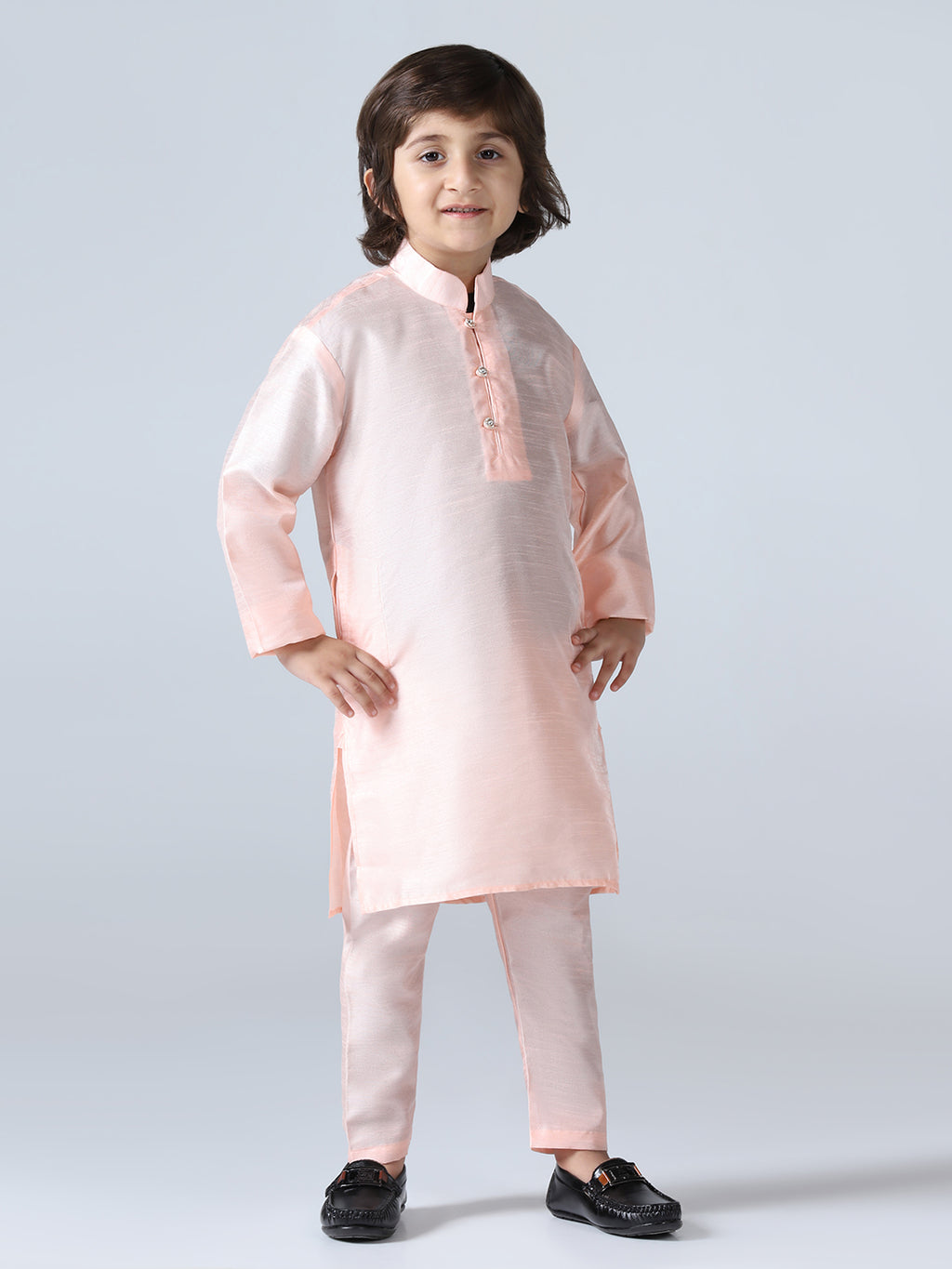 Boys Peach Mandarin Collar Regular Kurta Sets