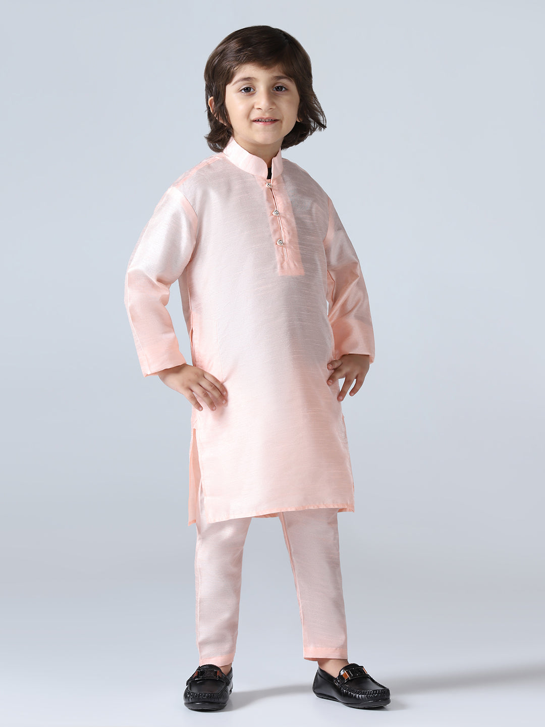 Boys Peach Mandarin Collar Regular Kurta Sets
